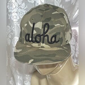 Aloha Army Embroidered On Camouflage Snapback W/ Hawaiian Island prints on Brim
